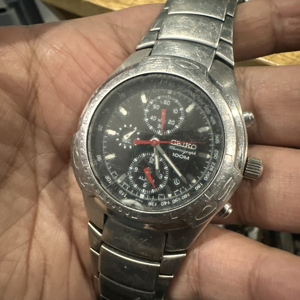 Works VTG Seiko Chronograph 100m Black Dial Men's Watch 7T62-0BX0 43mm - READ